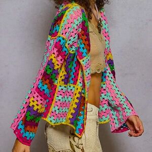 Trendy Boho Boxy Crochet Lightweight Grannie cropped Sweater Cardigan OS